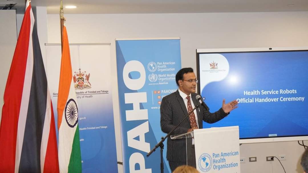 US$ 1 million project funded by the Government of India-‘Bringing Low and High Technology to deal with COVID-19’ (HALT) and formal handing over of six Healthcare Robots in the presence of High Commissioner by PAHO to Hon. Terrence Deyalsingh, Minister of Health of the Government of the Republic of Trinidad & Tobago.
